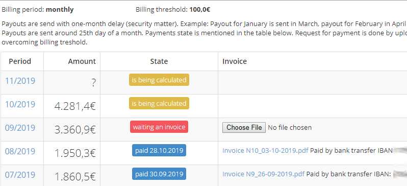 Screenshot from billing page