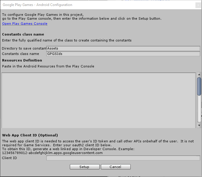 Google Play setvices configuration window in Unity