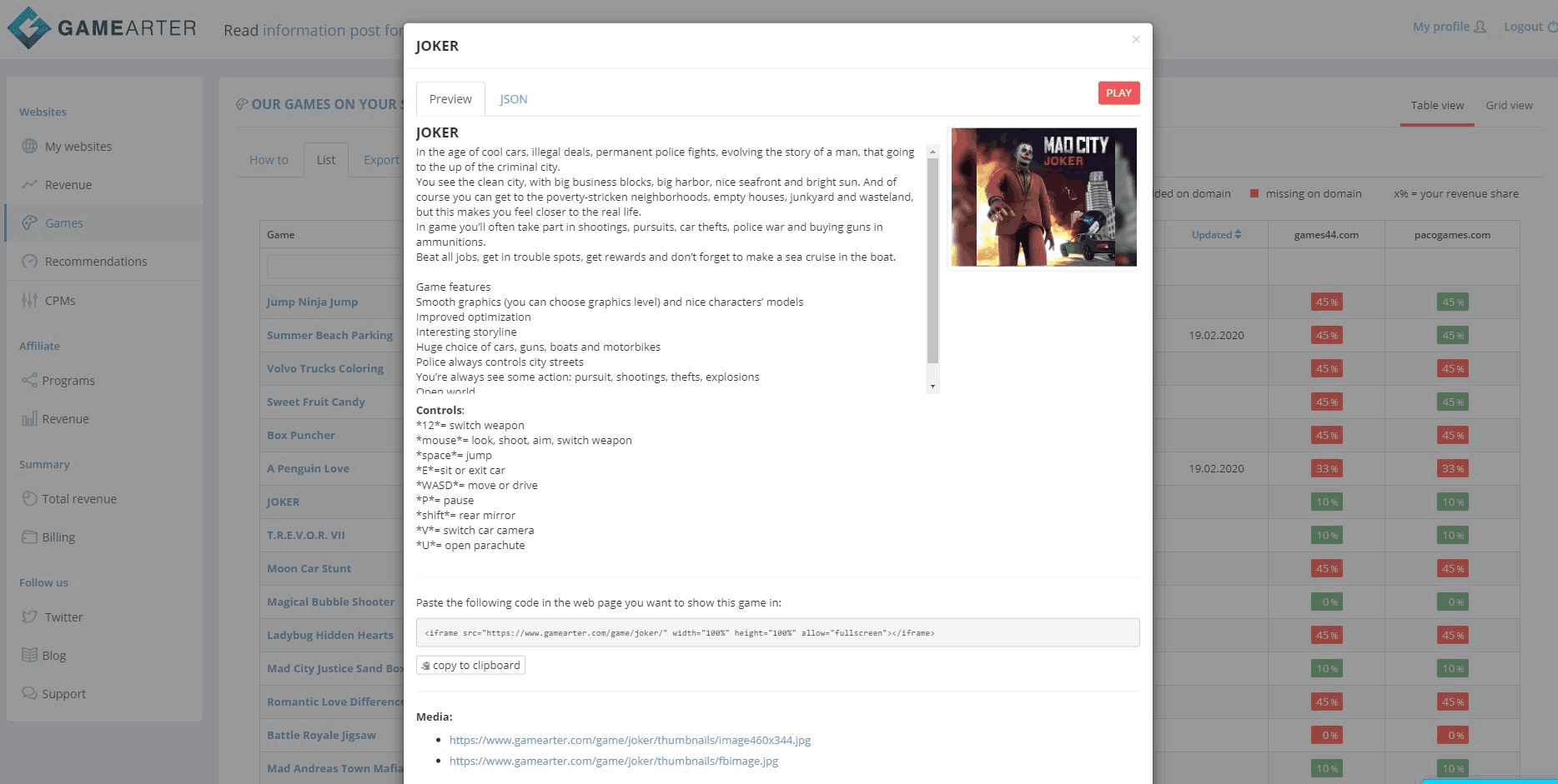 GameArter - code for placing on a website