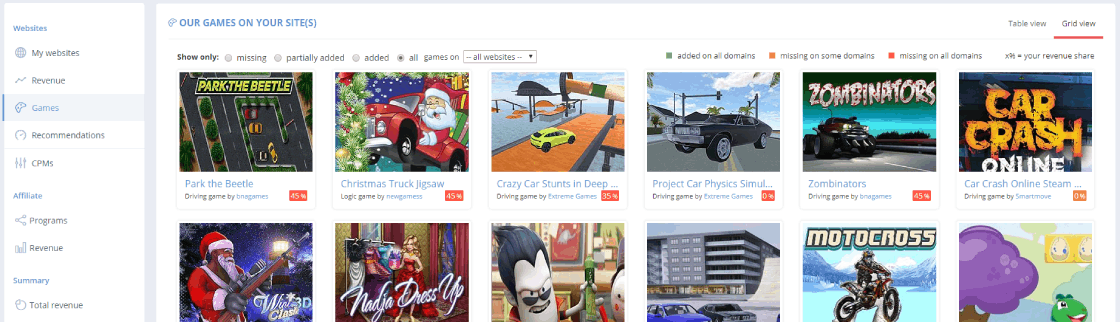 GameArter - available games - grid view