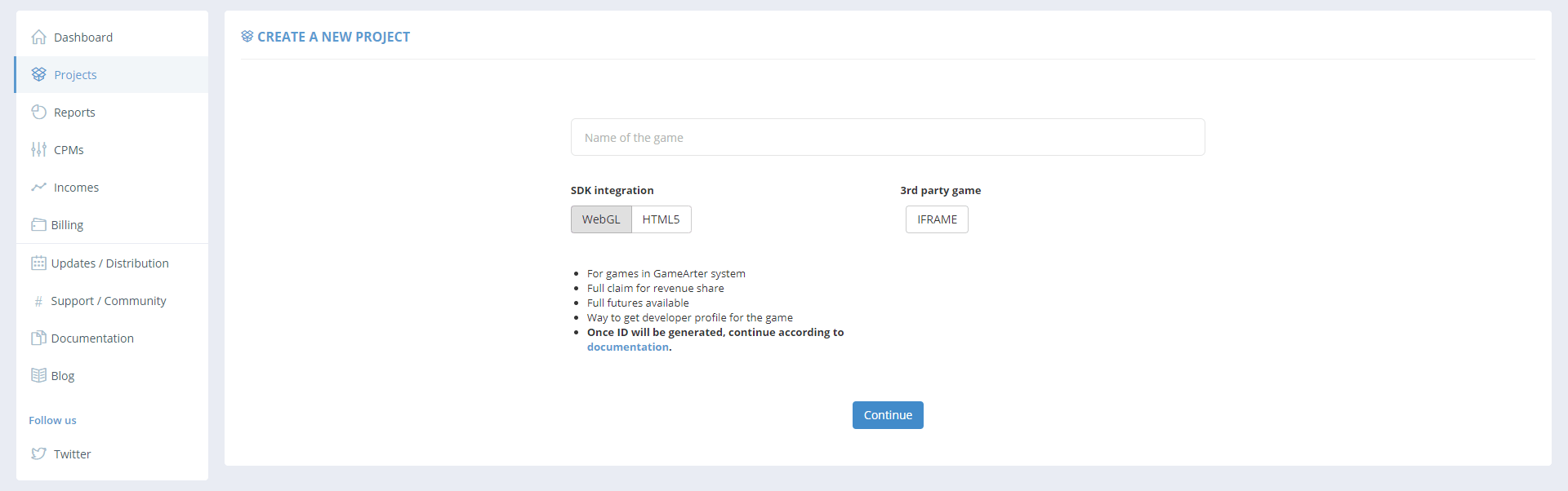 GameArter - add new project
